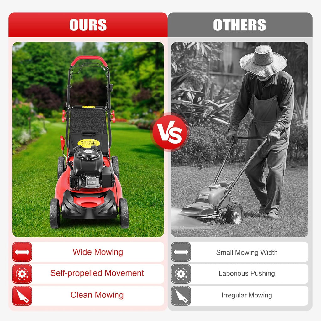 21-Inch 5HP Lawn Mower, 140CC 4-Stroke OHV Engine, Self-propelled Gas Powered Lawn Mowers, 8 Height Adjustment Push