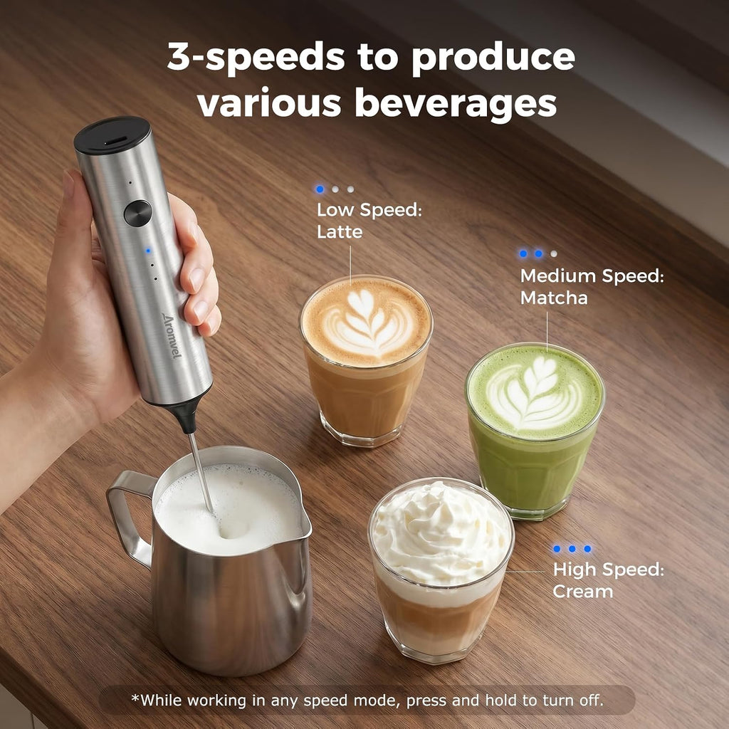 Rechargeable Milk Frother Handheld, 3 Speeds for Coffee, Latte | Electric Foam Maker with Dual Spring Whisk, Hot