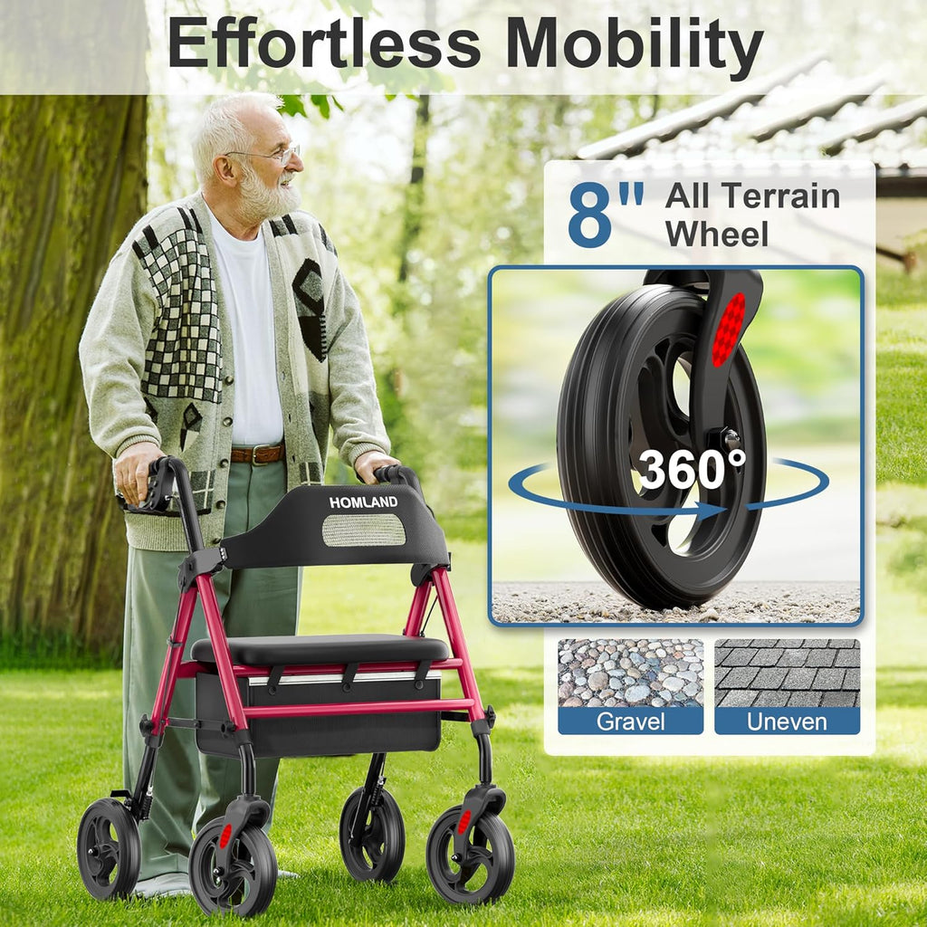 Foldable Rollator Walkers with Seat for Seniors, 8'' Big Wheels, 350 lb. Weight Capacity, Adjustable Handles and Seat