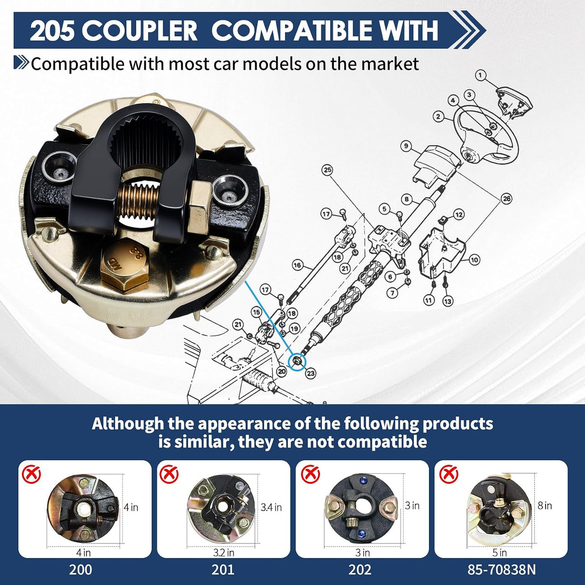 205 Steering Coupling Adaptation 3/4" 26 Spline Lnput Shaft with 2-3/4" OD