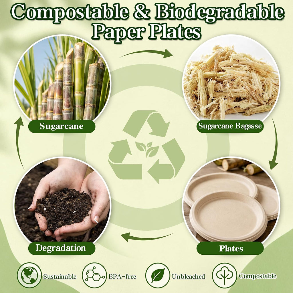 10 Inch Compostable Paper Plates 150 Pack, Heavy Duty Disposable Plates