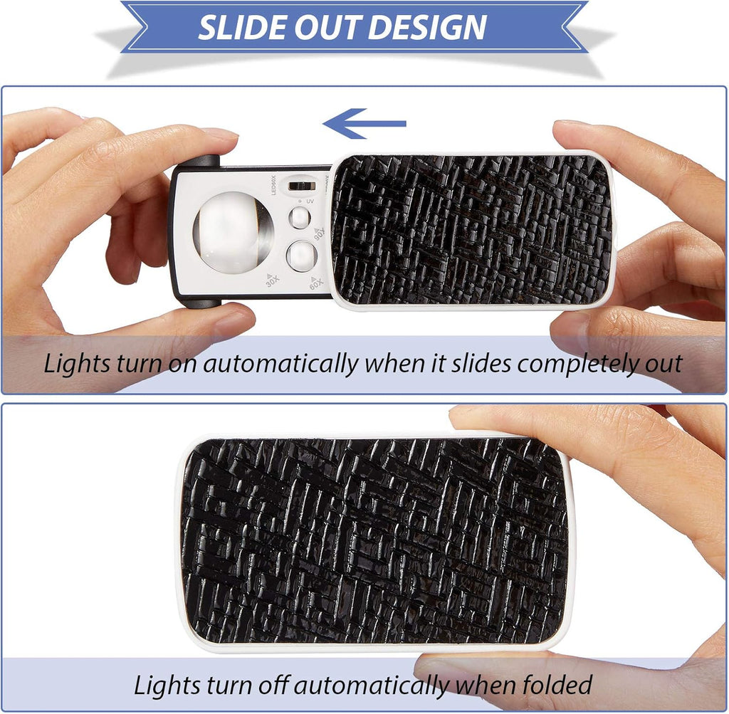 2 Pcs Jewelers Loupe 30X 60X 90X Magnifying Glass with LED,Black | UV Black Light for Gem Diamond Inspection