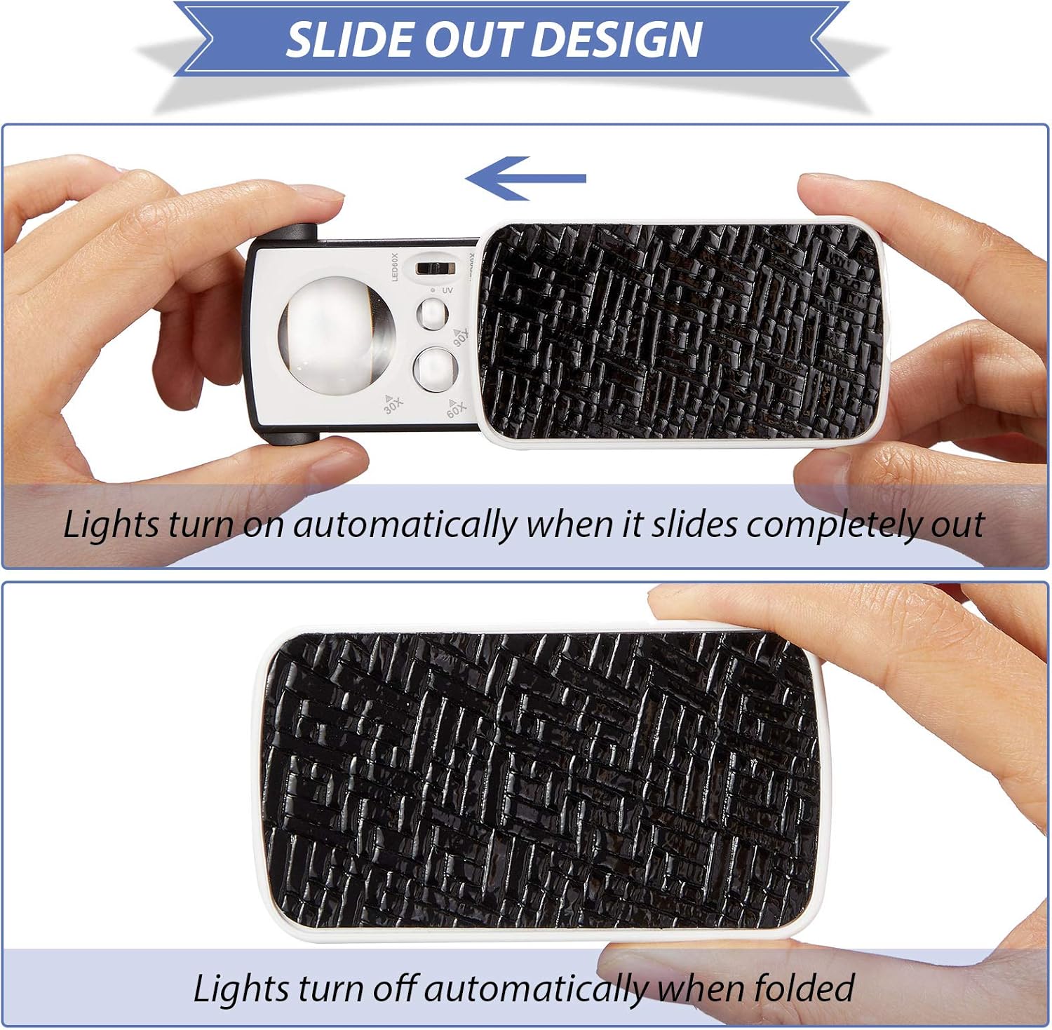 2 Pcs Jewelers Loupe 30X 60X 90X Magnifying Glass with LED,Black | UV Black Light for Gem Diamond Inspection