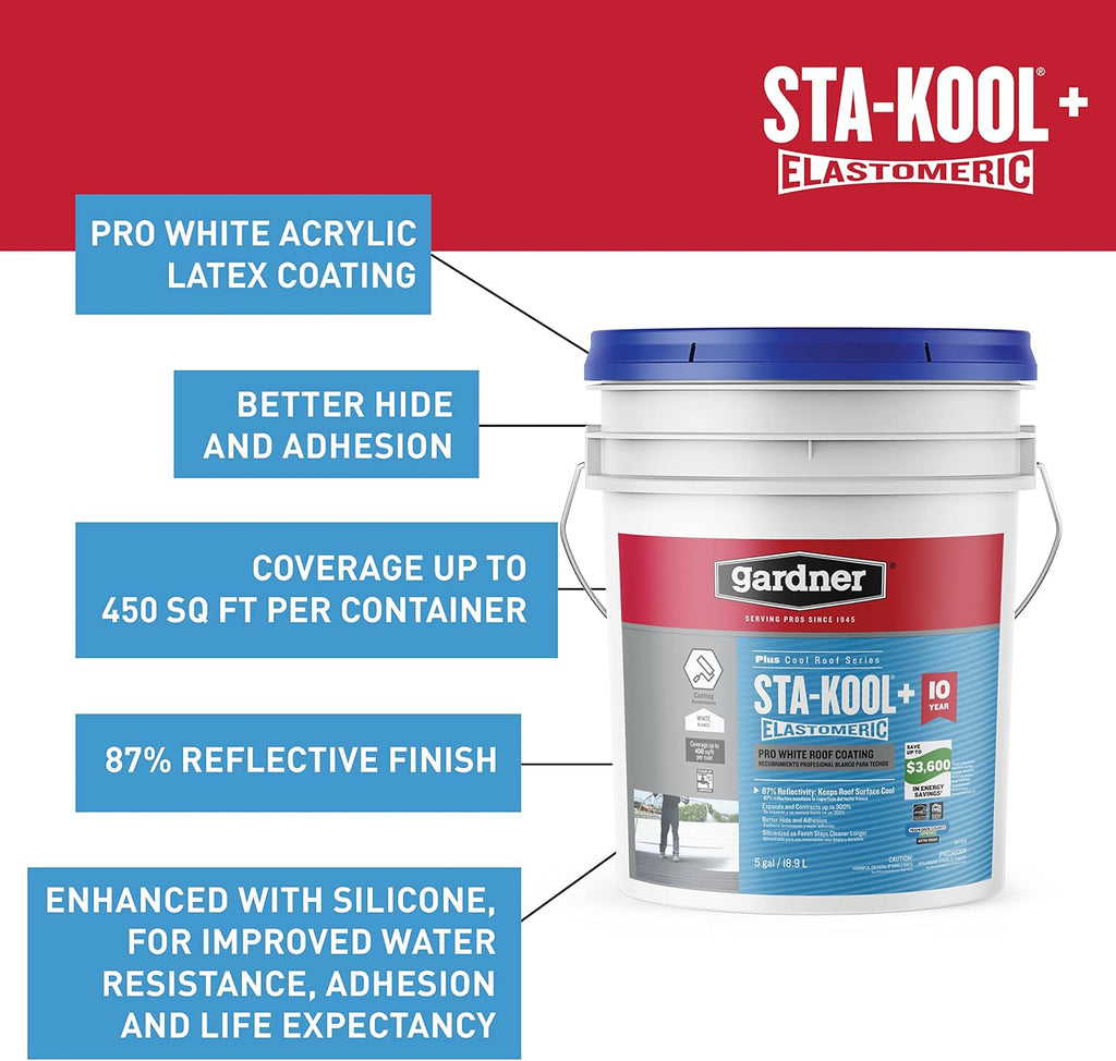 Sta-kool Elastomeric Roof Coating, White, RV Roof Coating 5 Gallon