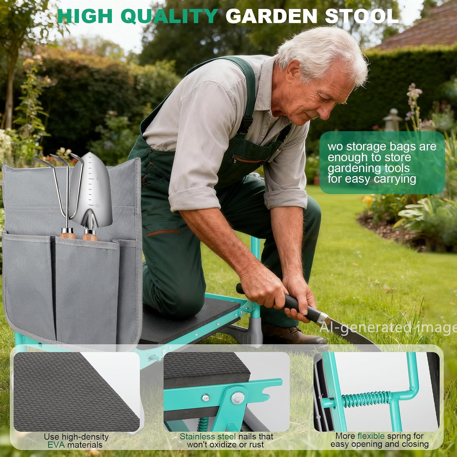Garden Kneeler and Seat, 2-in-1 Foldable Garden Bench with Non-Slip EVA Foam Pad, Storage Bags, Glove, Portable