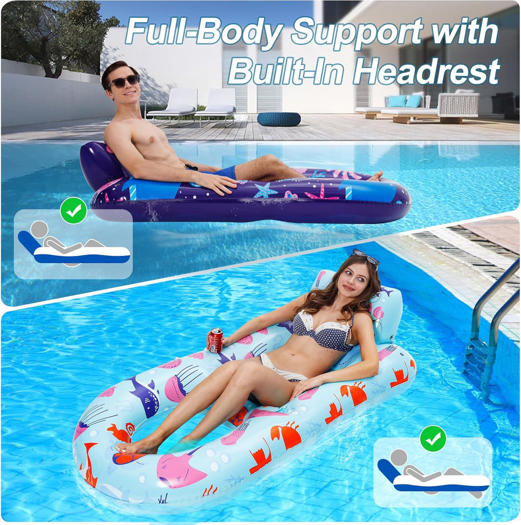 2 Pack Pool Floats Adult, Inflatable Pool Lounger Float Heavy Duty with Cup Holder, Backrest & Footrest Pool Lounge