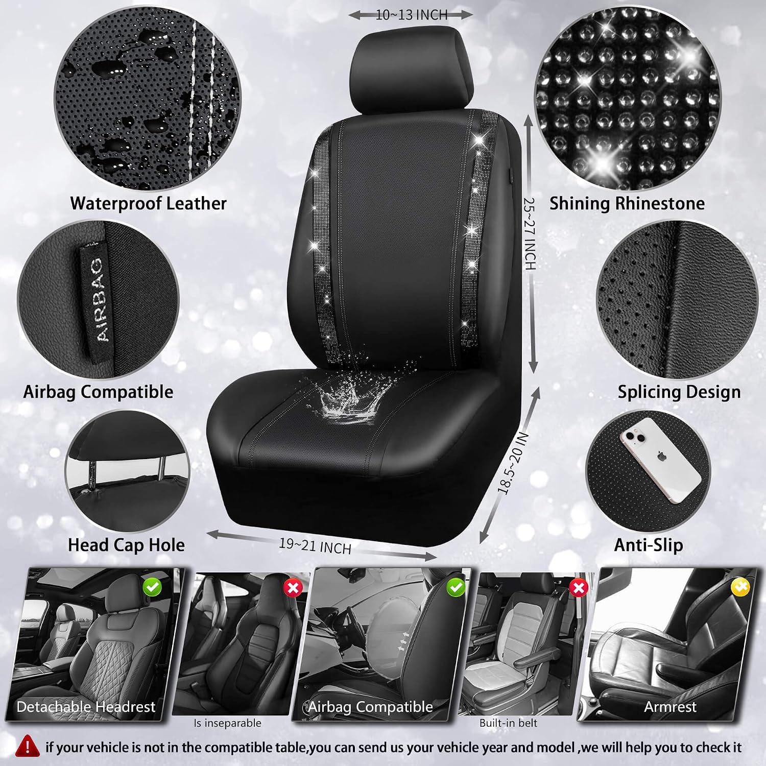 Leather Bling Diamond Car Seat Covers Full Set, Shining Rhinestone Waterproof Durable Rear with Zipper, Universal Fit