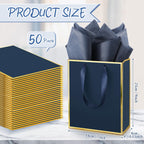 50 Pack Metallic Paper Gift Bag Bulk with Handle, Navy Blue, Gold