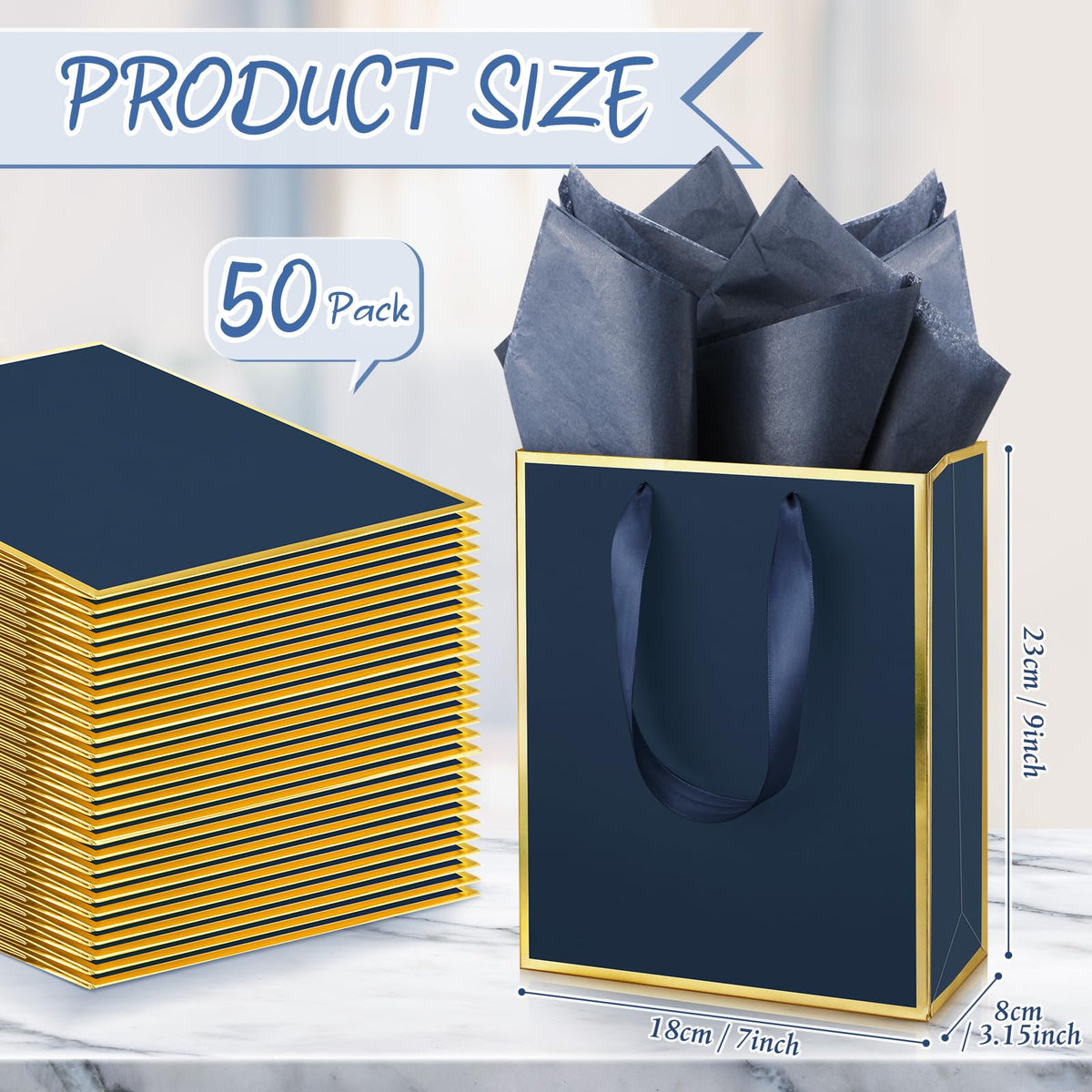 50 Pack Metallic Paper Gift Bag Bulk with Handle, Navy Blue, Gold