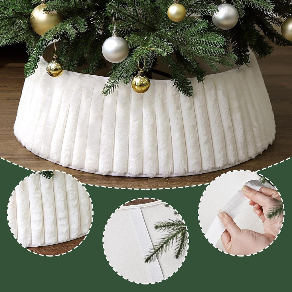Christmas Tree Collar, Rustic White Luxury Plush Faux Fur Tree Collar with Stripe Textured Pattern, Soft Fluffy Xmas