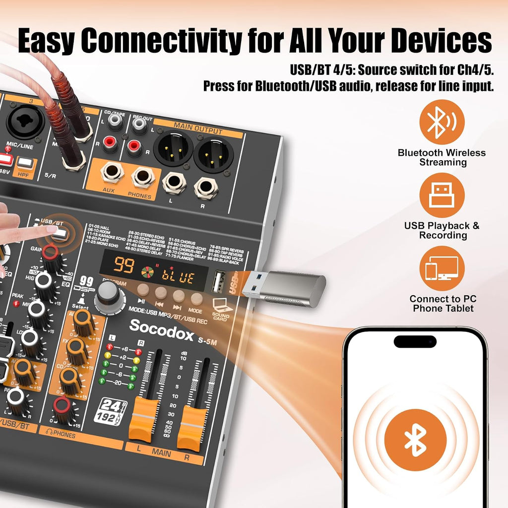 5 Channel Audio Mixer with Bluetooth & 99 DSP Effects for Streaming | 48V Phantom, 3-Band EQ, USB Rec, Stereo Inputs