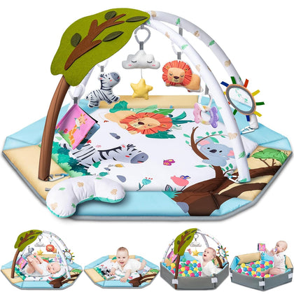 Baby Gym Play Mat, 8-in-1 Tummy Time Mat & Ball Pit with 6 Toys, Washable Baby Activity Play Mat for Visual, Hearing