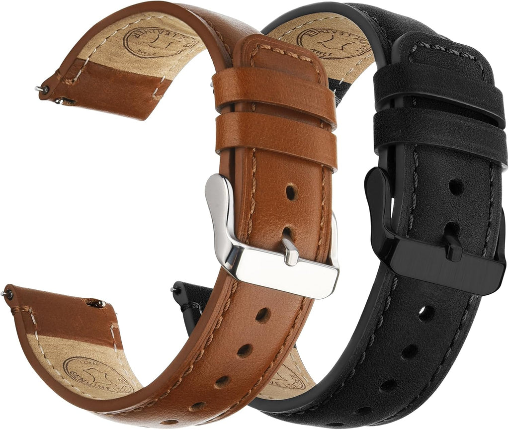 20mm Quick Release Leather Watch Bands for Garmin Samsung Galaxy | 2 Pack Straps for Vivoactive 6/5, Venu Sq/Sq 2