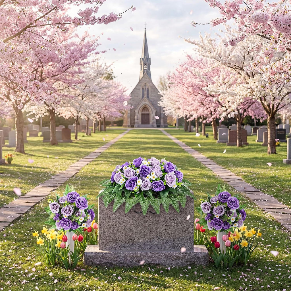 3 Pcs Father's Day Headstone Flower Saddle Cemetery Flowers for Grave Purple Rose Daisy Artificial Memorial Floral