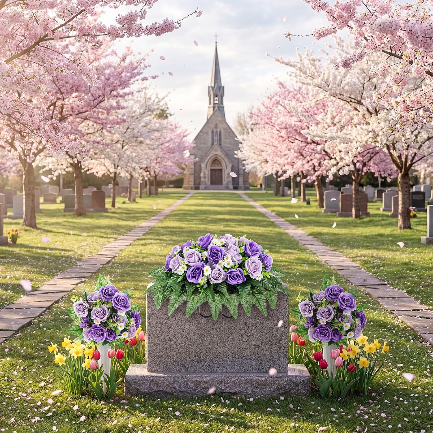 3 Pcs Father's Day Headstone Flower Saddle Cemetery Flowers for Grave Purple Rose Daisy Artificial Memorial Floral