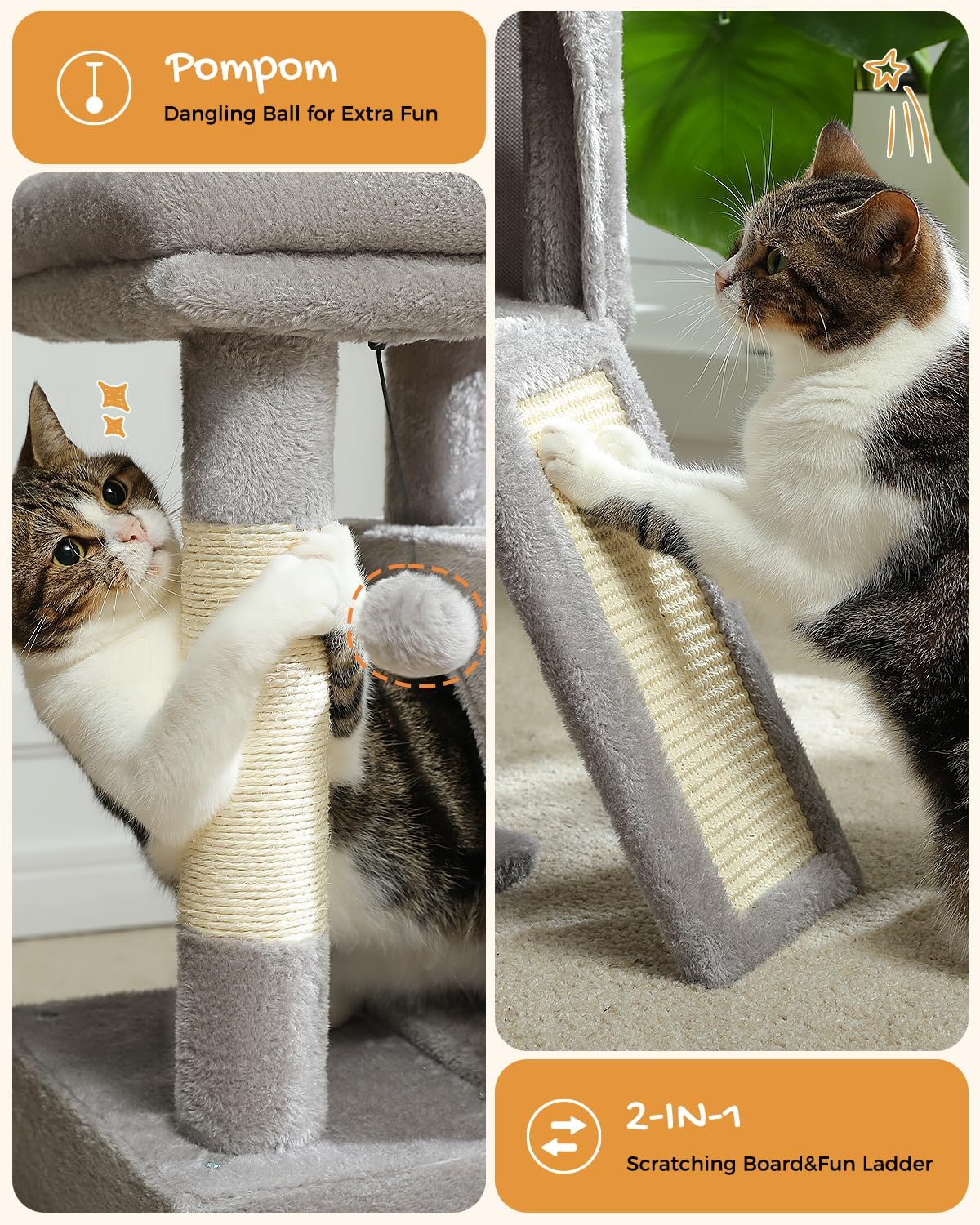 Cat Tree, 30 Inches Cat Tower with Dual Condos for Indoor Cats, Plush Cat House with Padded Perch, Scratching Ramp