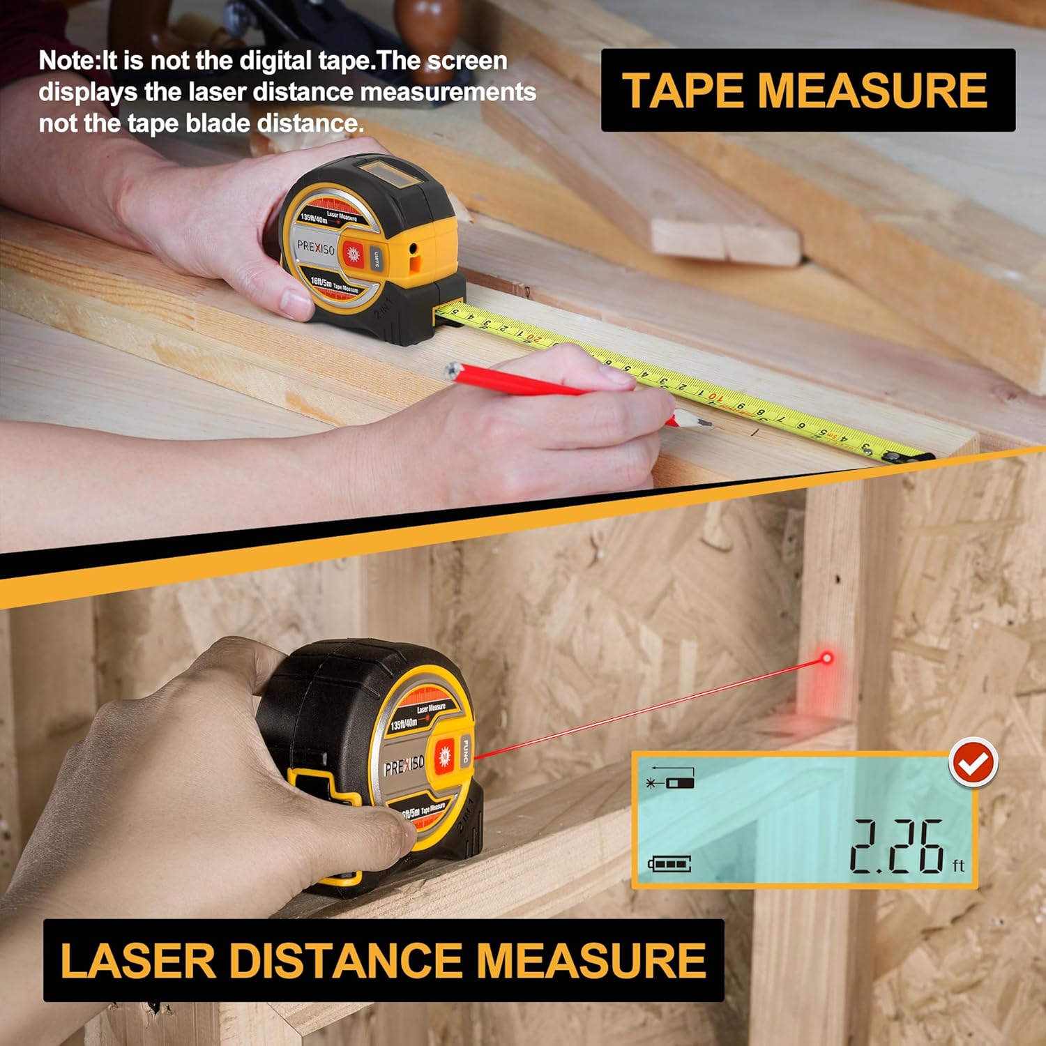 2-in-1 Laser Tape Measure - NOT Digital - 135Ft Laser Measurement Tool & 16Ft Measuring Tape with Auto Lock & Movable
