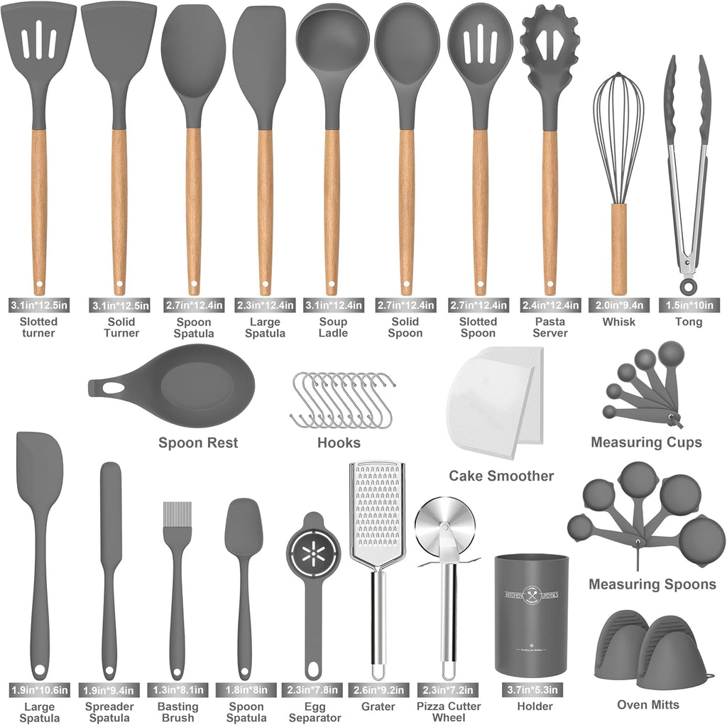 Silicone Cooking Utensils Set, 43Pcs Non-Stick Heat Resistant Kitchen Utensils Spatula Set with Wooden Handle for