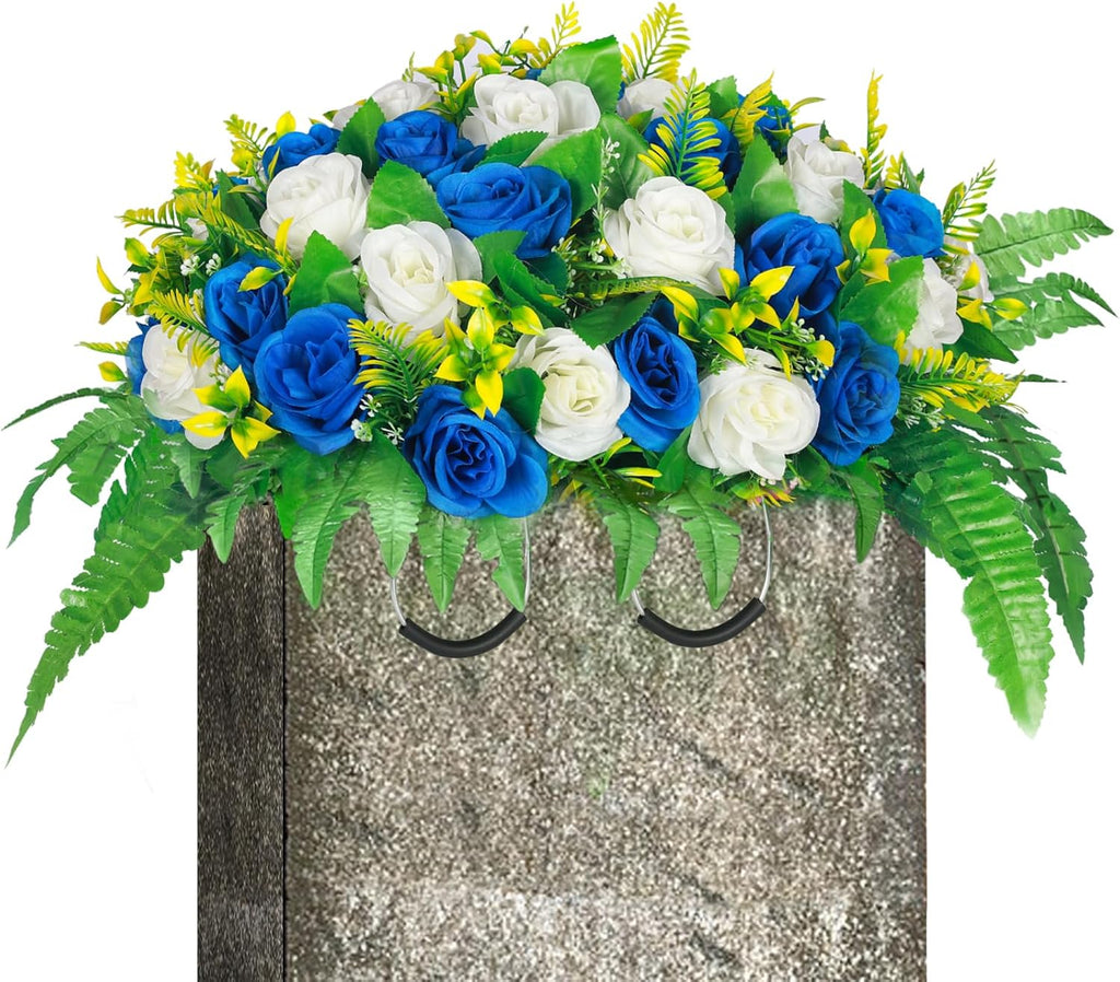 Artificial Cemetery Flowers, Silk Flower Arrangement,Artificial Rose Bouquet Grave Memorial Flowers with Headstone