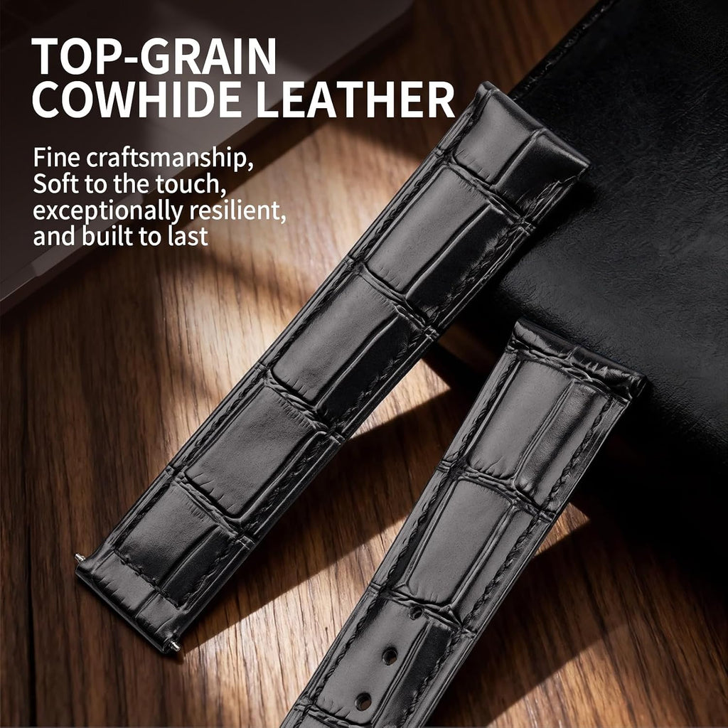 Genuine Leather Watch Strap Deployment Clasp, 22mm Leather Watch Band for Men Women, Soft Ultrathin Classic