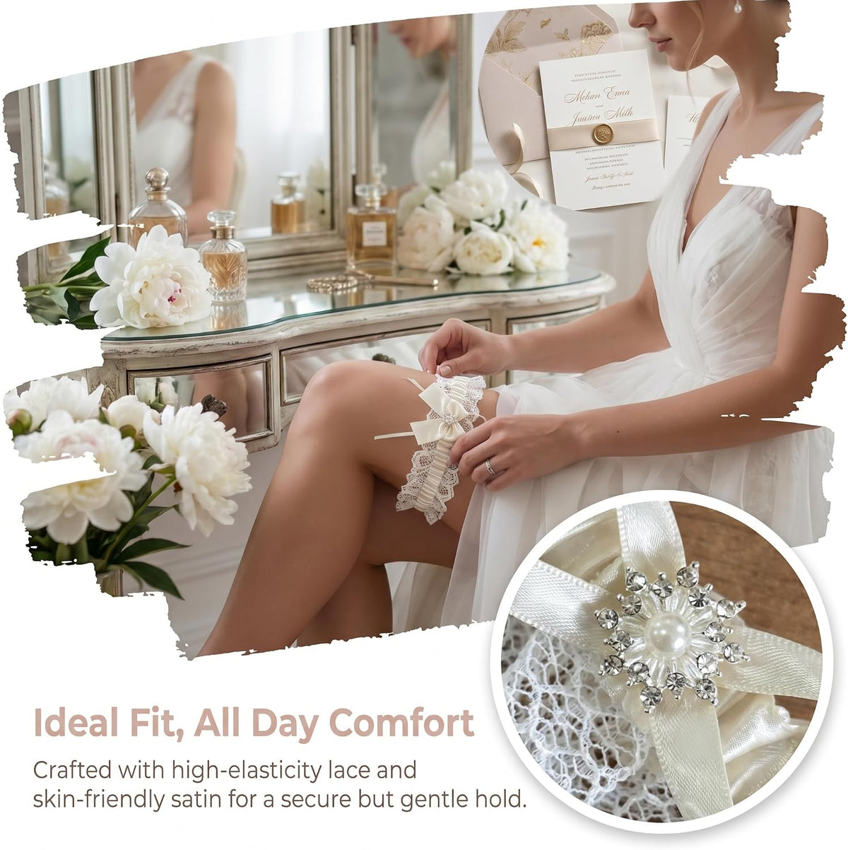 Lace Wedding Garter Set for Bride, Elastic Stretch Ribbons, Bridal Prom Leg Garters