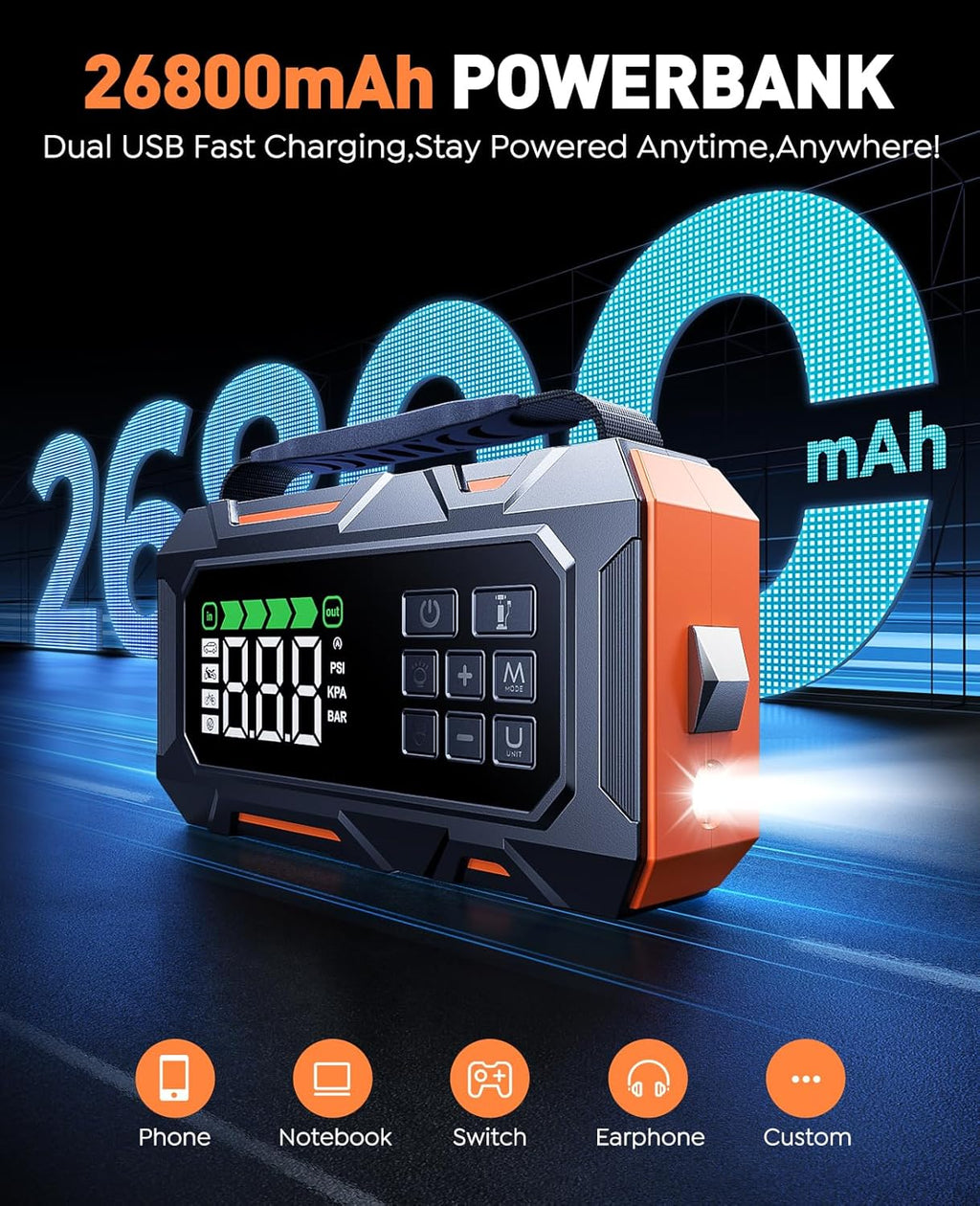 16-in-1 8000A Car Battery Jump Starter with Air Compressor 160PSI, Jump Starter Jump Box (All Gas 12L Diesel) with