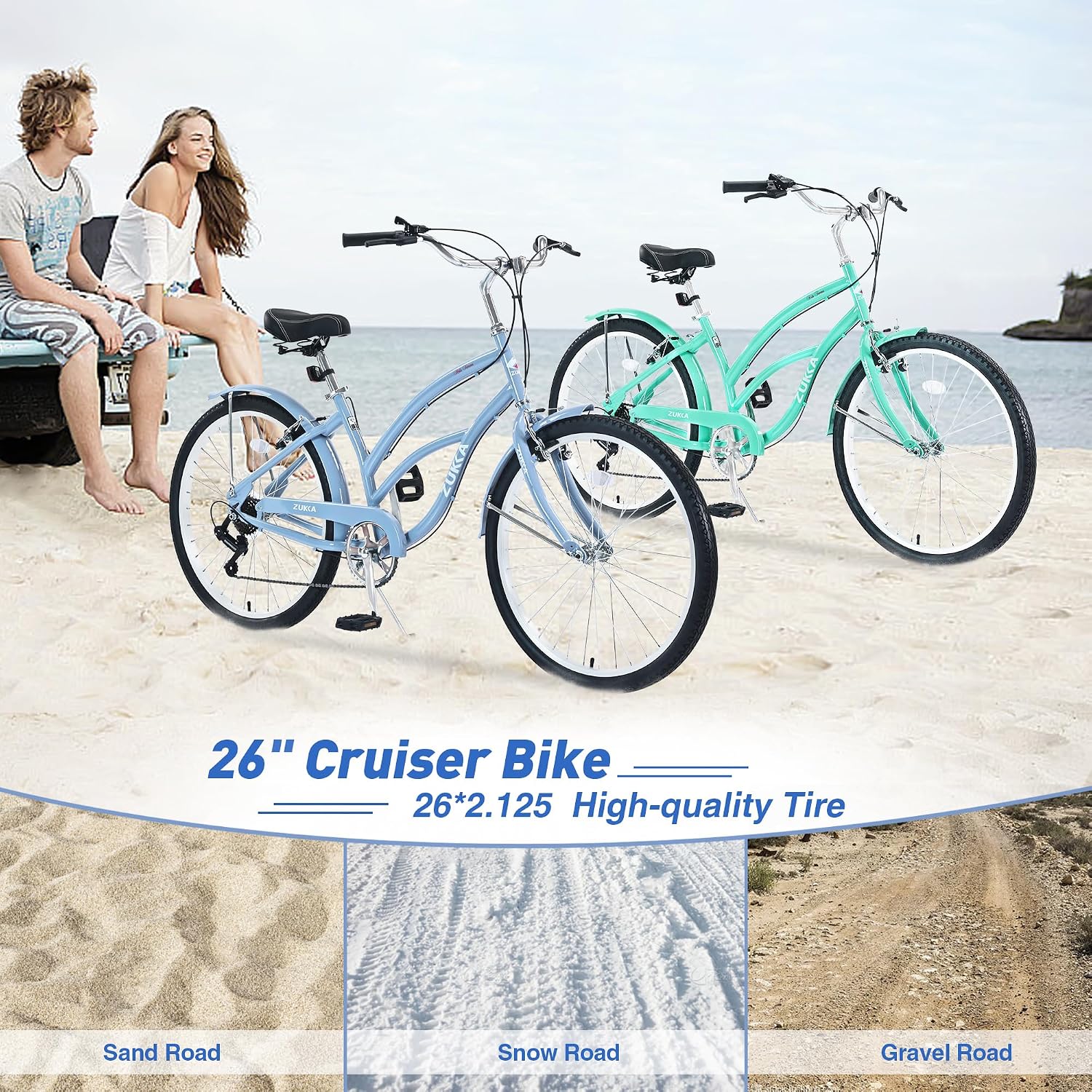 Beach Cruiser Bike 26inch Wheel Bike 7 Speed Driven System V-Brake Comfortable Commuter Bike for Women Men Senior