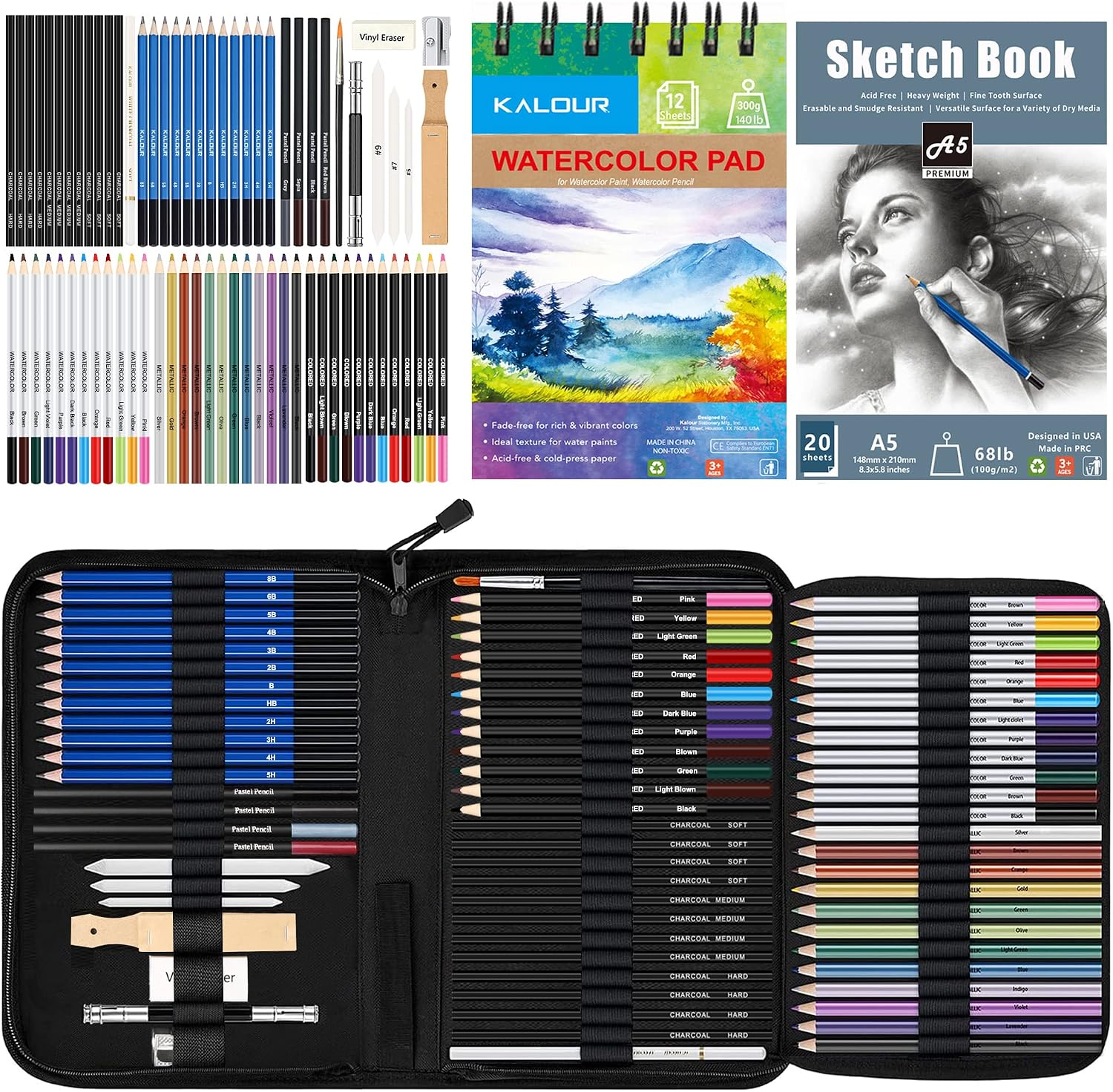 76 Drawing Sketching Kit Set - Pro Art Supplies with Sketchbook & Watercolor Paper - Include