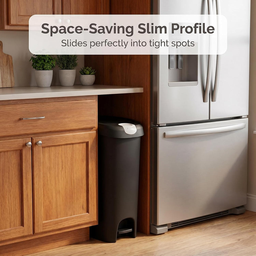 Kitchen Trash Can, 12 Gallon Plastic Slim Step Garbage Bin with Locking Foot Pedal Lid, Hands-Free Black Trash Can
