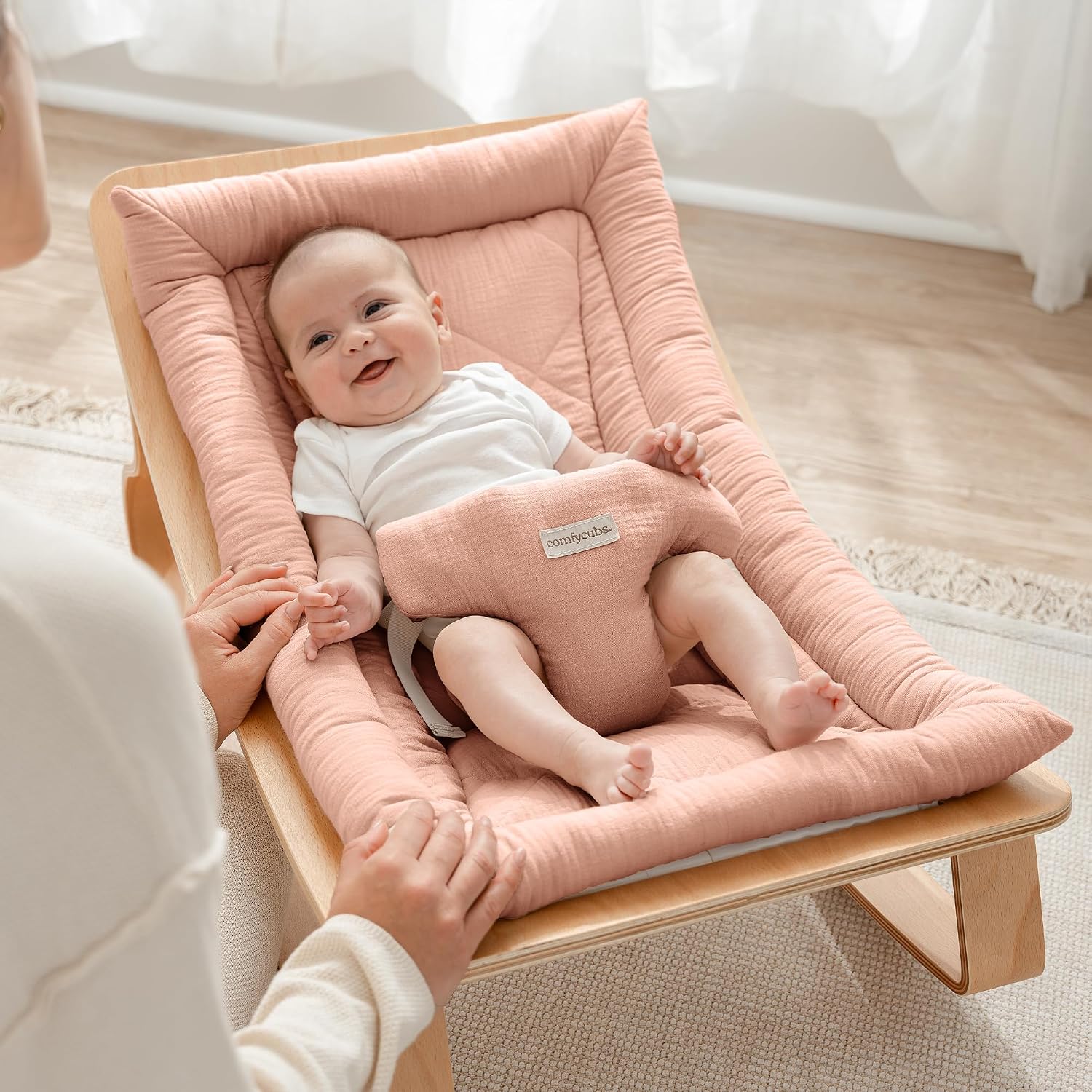 Baby Rocker for Ages 0-24 Months - Wooden Baby Recliner with Soft Removable Quilted Muslin Cotton Cushion - Designed