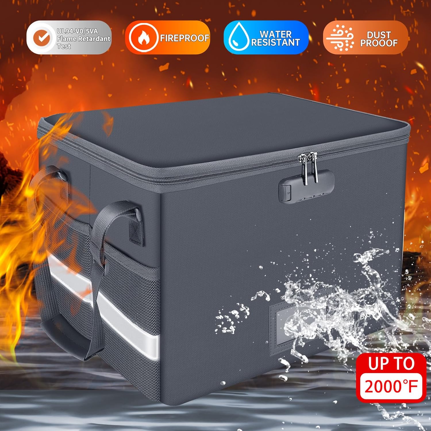 File Box with Lock, Fireproof Document Box with Zipper Lid, Collapsible File Organizer Storage Filing Cabinet with