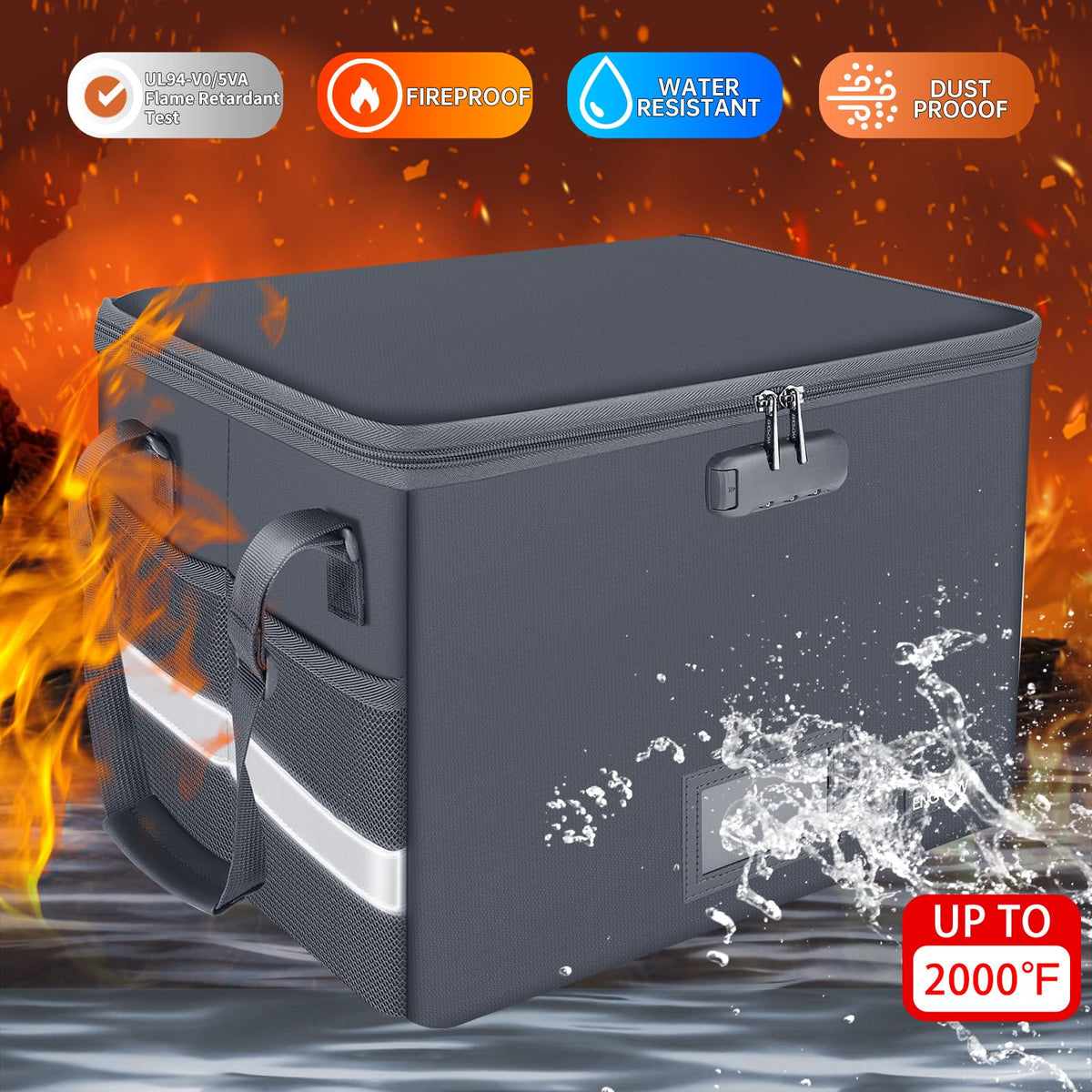 File Box with Lock, Fireproof Document Box with Pockets, Collapsible File Organizer Filing Storage Cabinet with