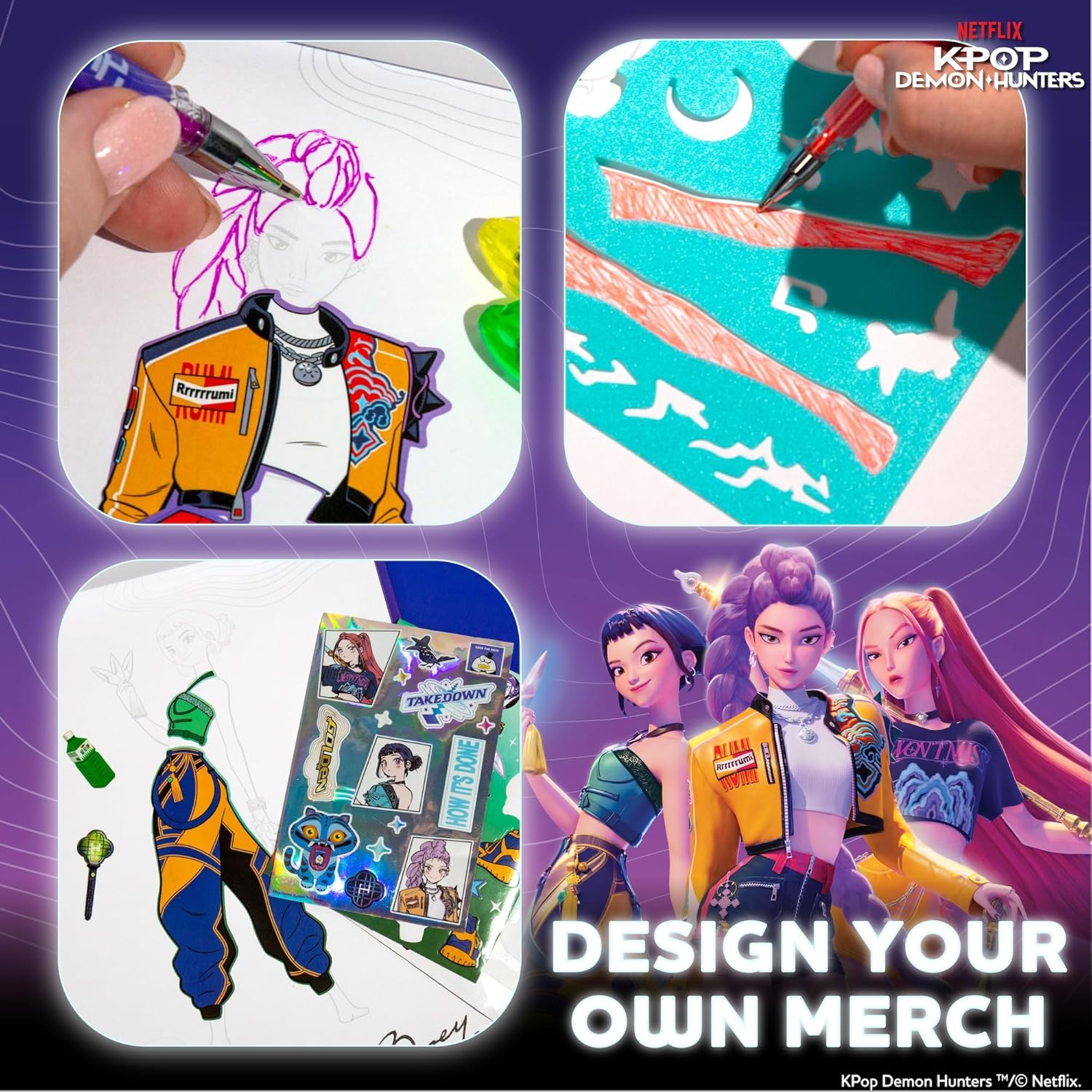 Kpop Demon Hunters Fashion Sketch Set, Includes Coloring Book, Gel Pens, Kpop Demon Hunters Stickers, Stencils &
