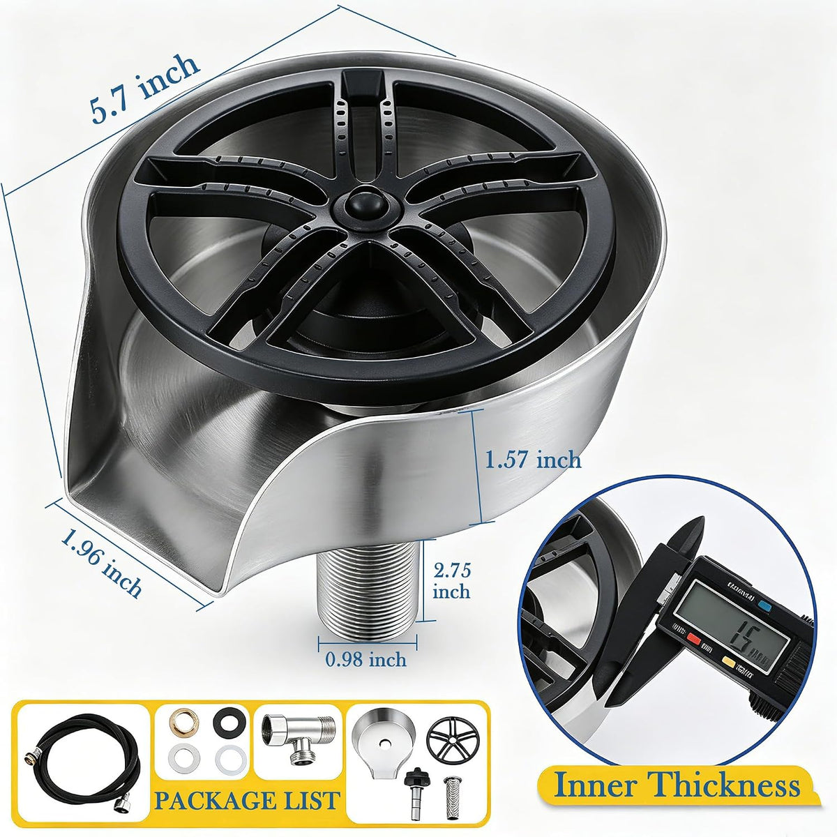 Brushed Nickel Metal Glass Rinser for Kitchen Sink, Cup Washer for Sink, Bottle Washer with Pull-Out Sprayer Combo