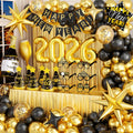 New Years Decorations 2026 Eve Party Supplies with Glasses Hats Black Gold Confetti Balloons 2026 Number Balloons New
