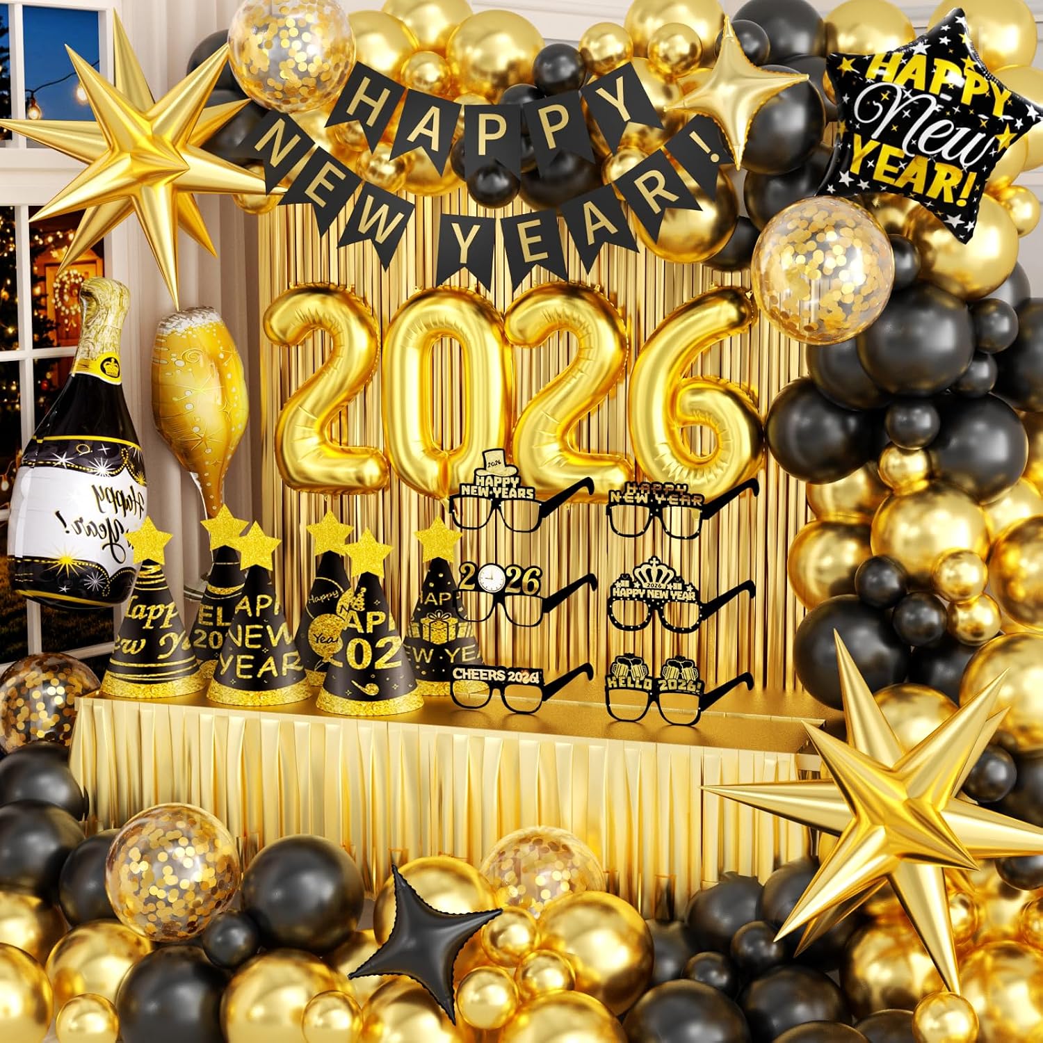 New Years Decorations 2026 Eve Party Supplies with Glasses Hats Black Gold Confetti Balloons 2026 Number Balloons New