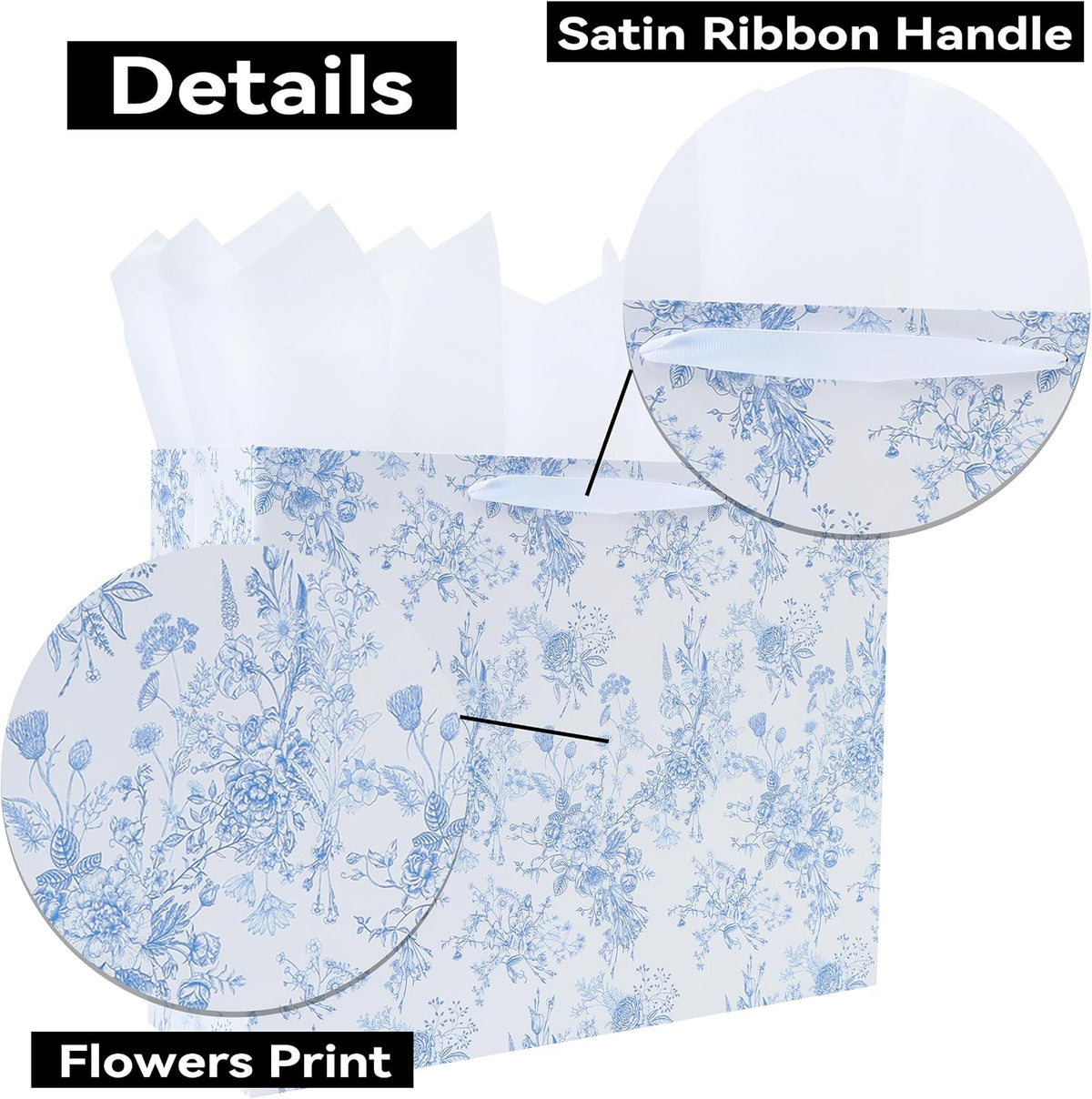 16.5" Extra Large Blue Floral Gift Bag Set with Handles, Greeting Card, White Tissue Papers and Stickers for Women