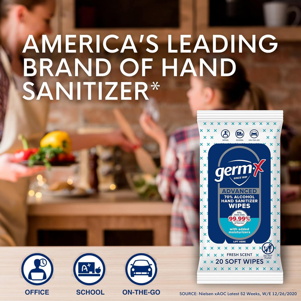 Advanced Single-Use Hand Sanitizer Wipes, 20 Soft Wipes (Pack of 10), Fast-Drying & No Rinse Plant-Based Alcohol