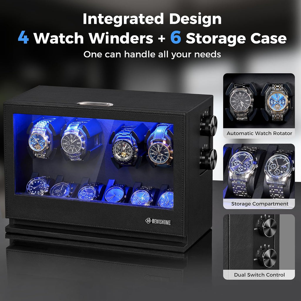 Watch Winders for Automatic Watches, 4 Watch Winder | 6 Watch Display Case with Led Light 4 Modes, Automatic Watch