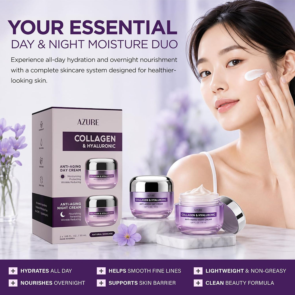 Collagen & Hyaluronic Acid Face Moisturizer, Hydrating Day &Night Cream Duo