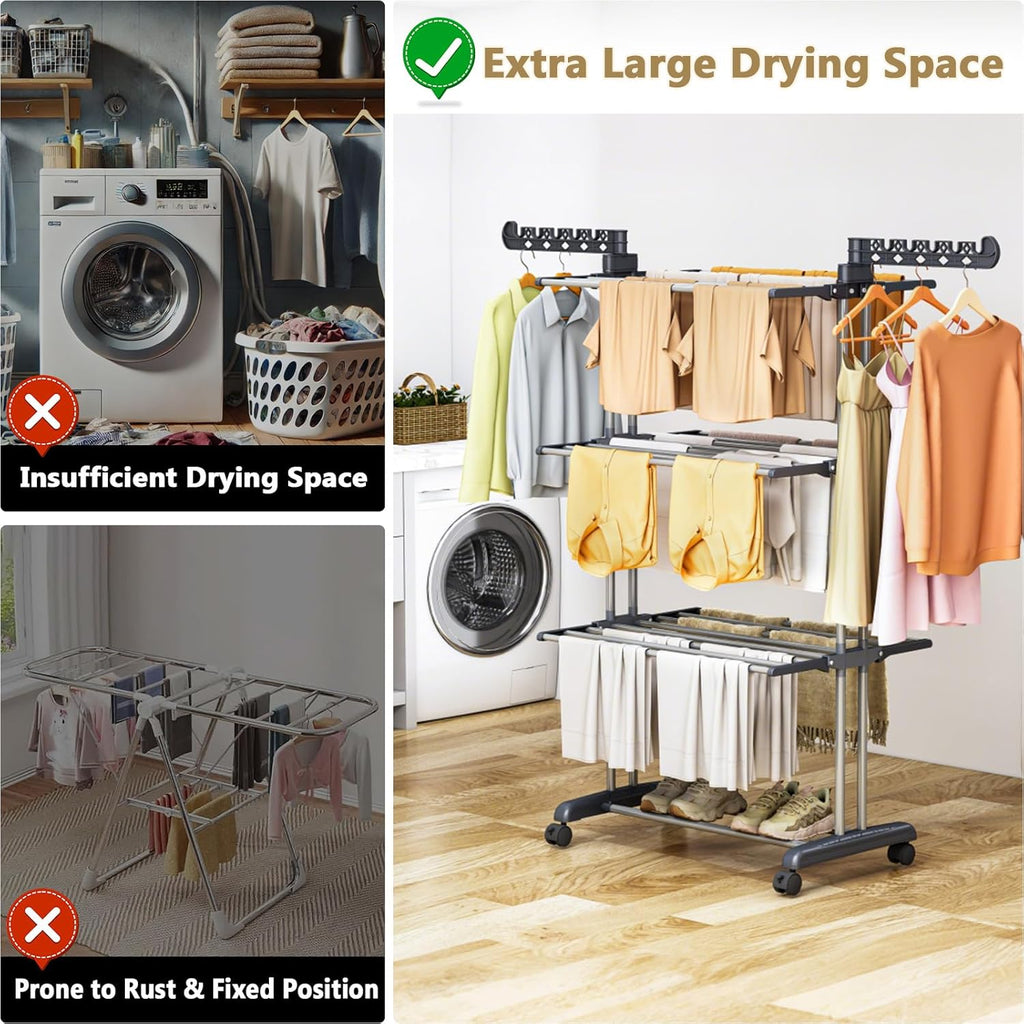 𝟖𝟎% 𝟎𝐟𝐟 Clothes Drying Rack Foldable, 4-Tier Drying Rack with Wheels | Upgraded Foldable Laundry Drying Rack, Clothes
