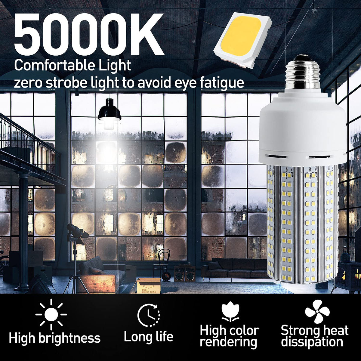 2 Pack LED Corn Light 600W Equivalent LED Corn Bulb 7500 Lumen 60W Large Area Cool Daylight White E26/E27 Medium Base