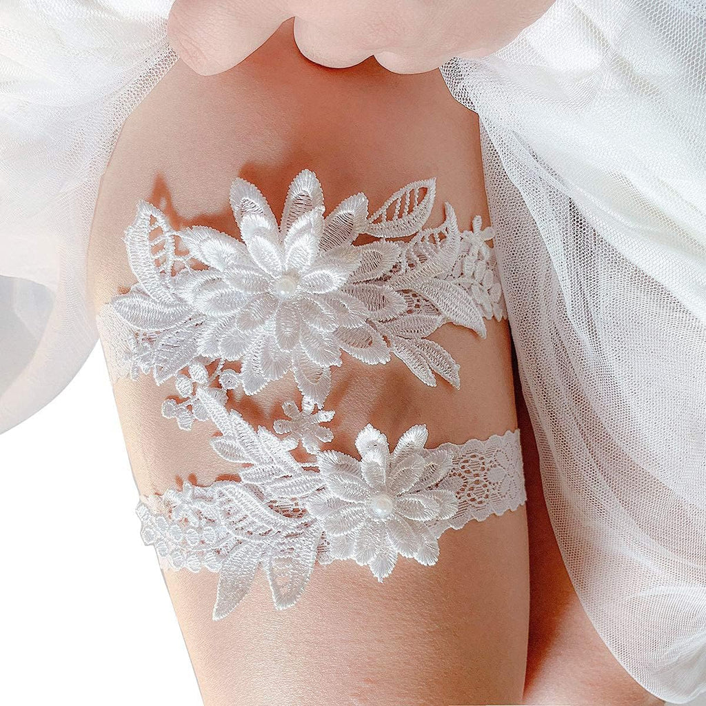 Wedding Garters for Bride Daisy Lace Bridal Garter Hand Sewn Faux Pearls Garter Set 2 Pieces