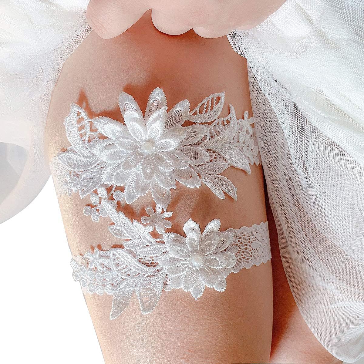 Wedding Garters for Bride Daisy Lace Bridal Garter Hand Sewn Faux Pearls Garter Set 2 Pieces