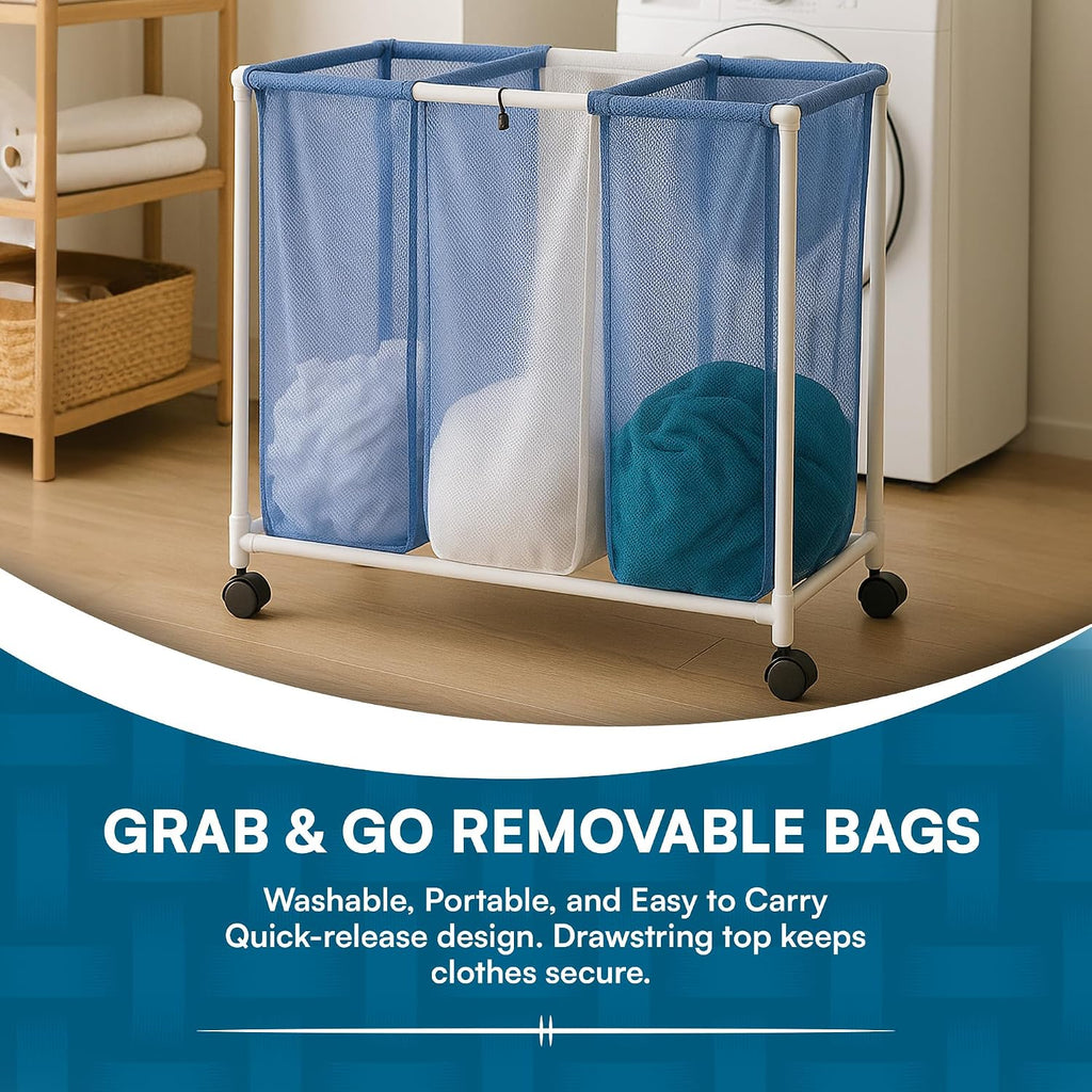 HMP-01629 3 bag mesh laundry sorter, 30.5" x 15.3" x 30" , Blue/White