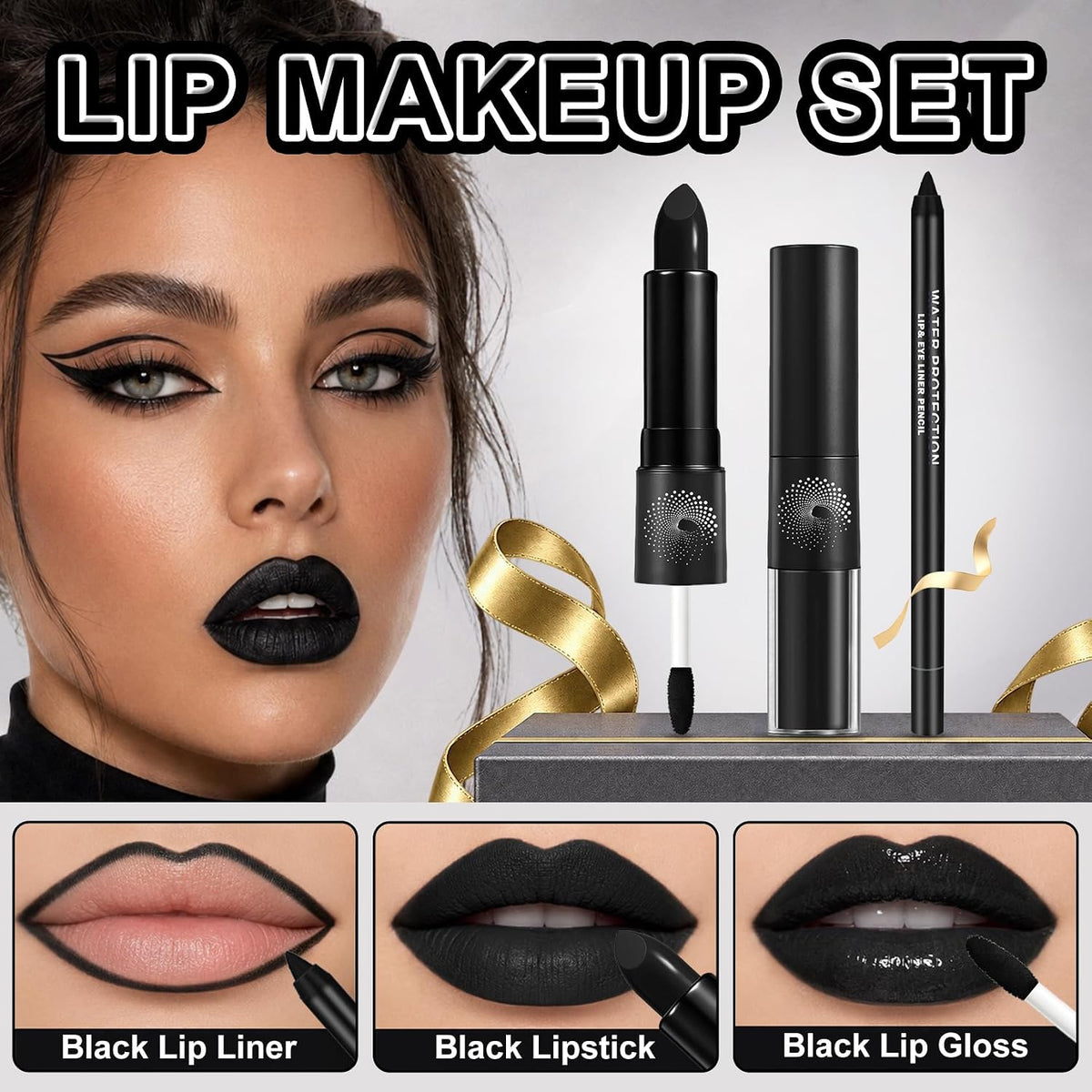 Black Lipstick & Lip Liner Set, Matte Black Lip Stick Lip Gloss,2PCS