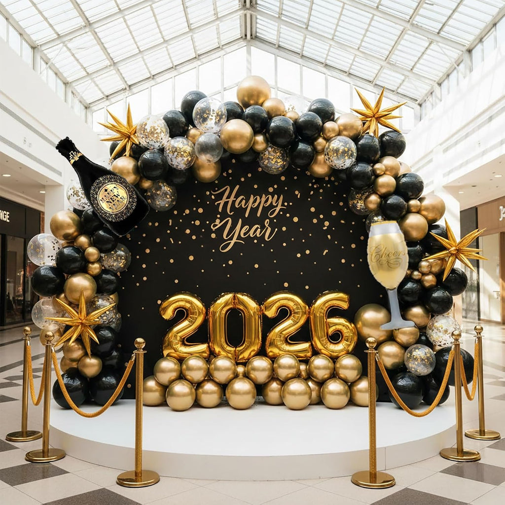 Happy New Year Eve Party Decoration Supplies 2026 New Years Eve Black and Gold Balloon Garland Arch Kit Champagne