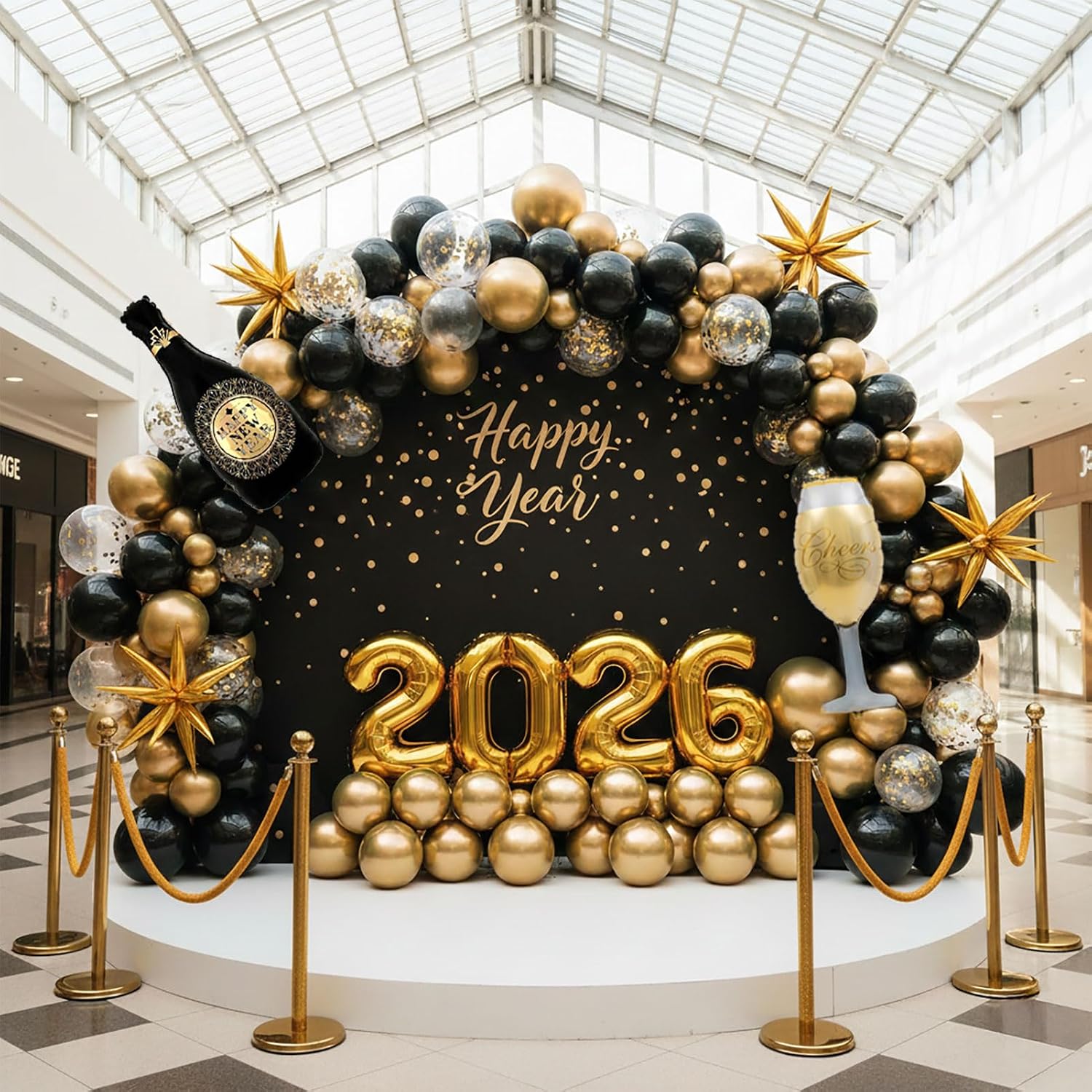 Happy New Year Eve Party Decoration Supplies 2026 New Years Eve Black and Gold Balloon Garland Arch Kit Champagne