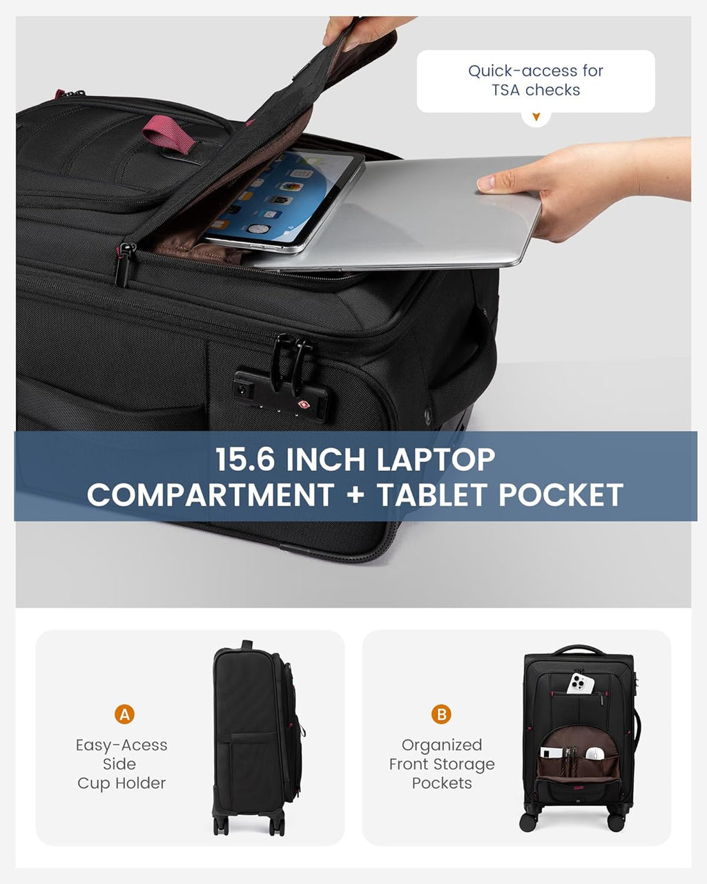 Carry On Luggage 22x14x9 Airline Approved, 22-Inch Suitcases with Spinner Wheels, Softside Carry-on Luggage with TSA