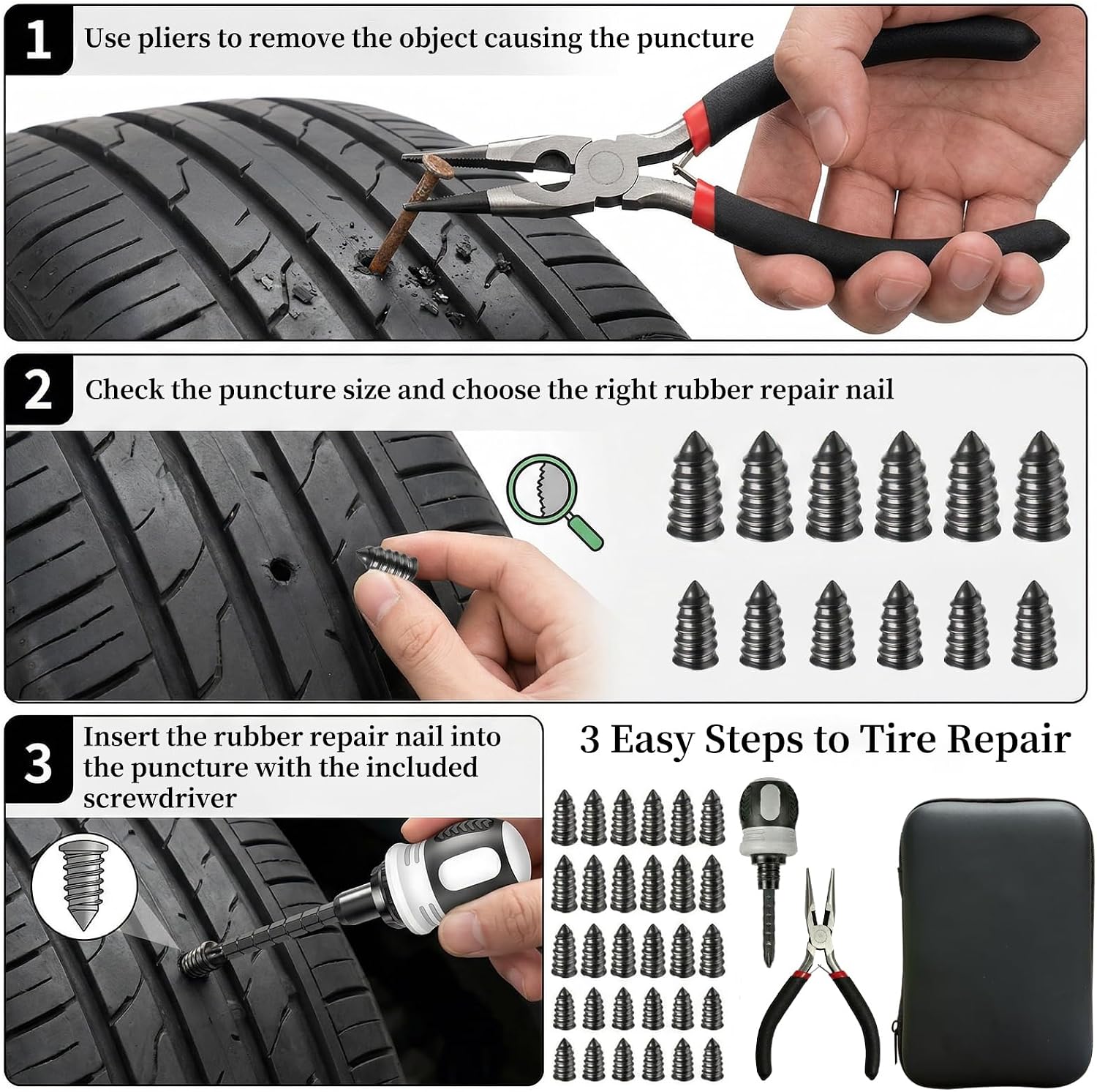 Tire Repair Kit, 60PCS Rubber Tire Repair Plugs, 3-in-1 Ratchet Tool | With Screwdriver, Needle Nose Pliers & EVA